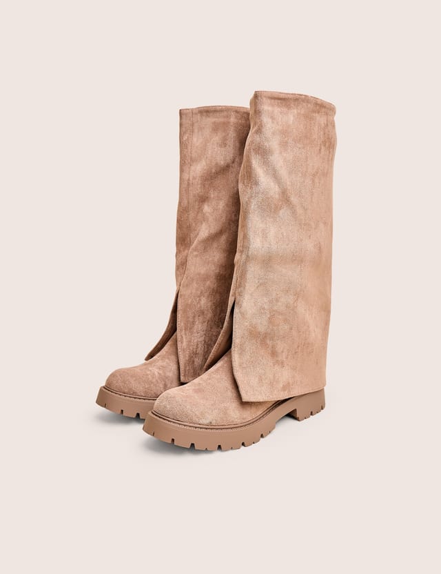 Public Desire Dusty Beige Chunky Sole Faux Suede Fold Over Boots - 2