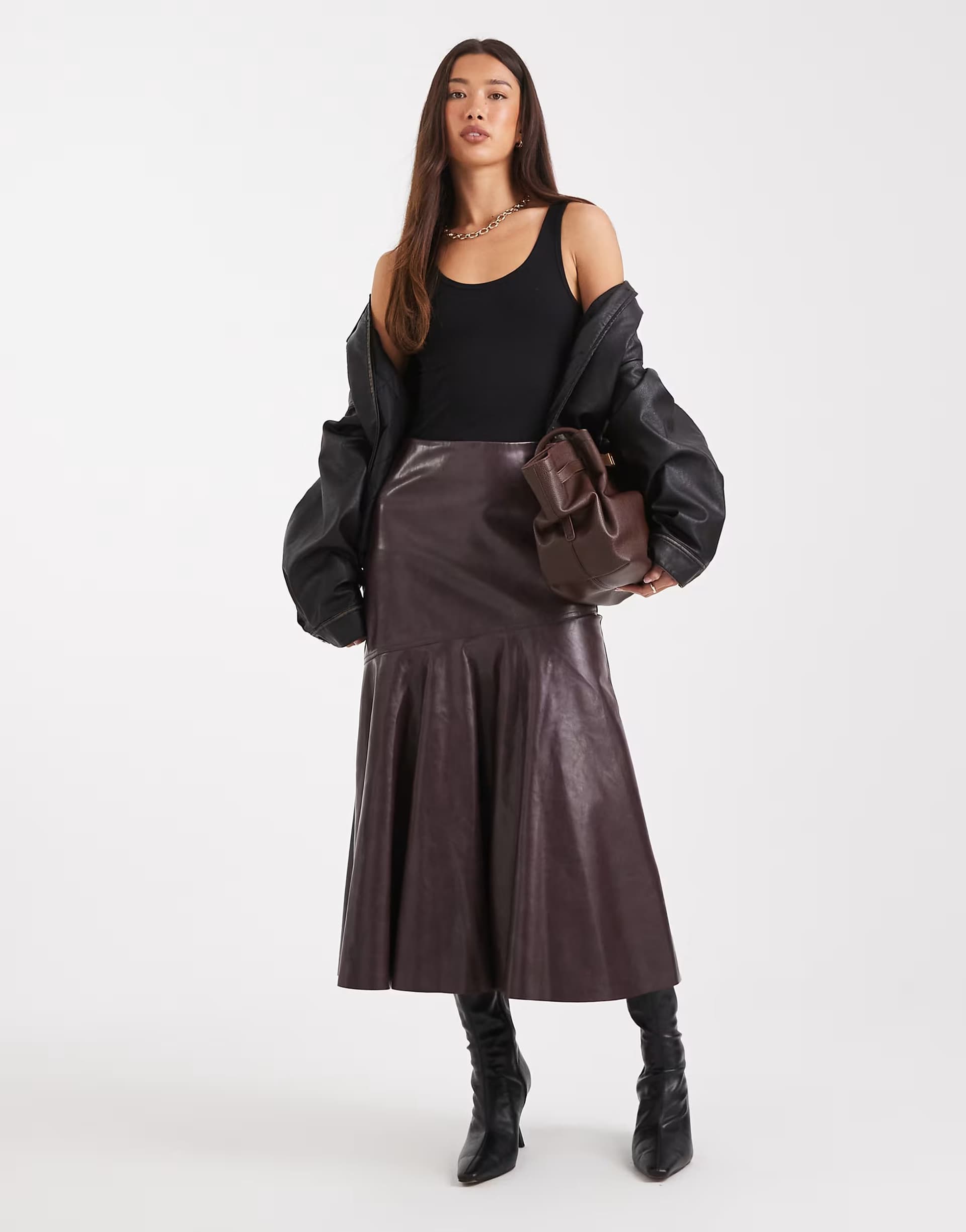 ASOS ASOS Plum Faux Leather Fluted Midi Skirt