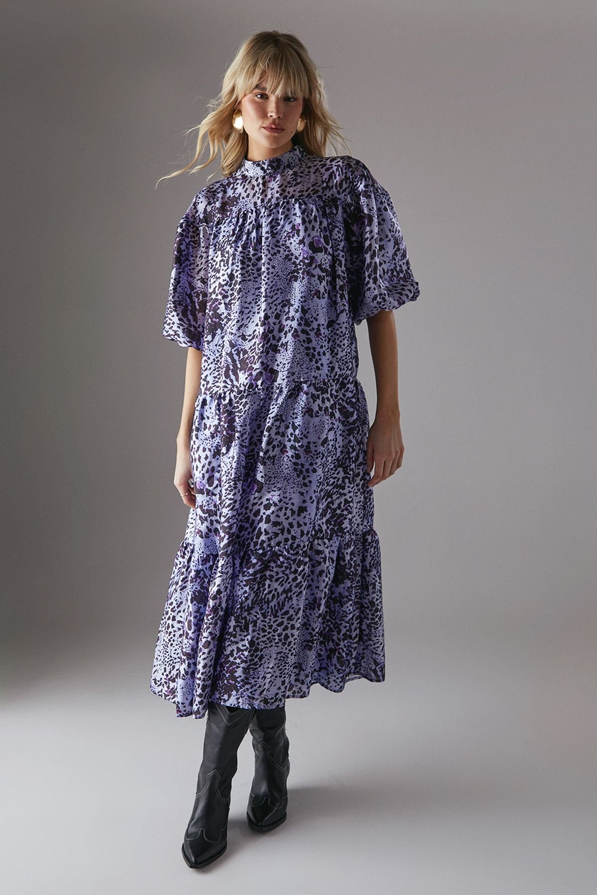 Warehouse Warehouse Women's Organza High Neck Tier Midi Smock Dress in Animal - 2