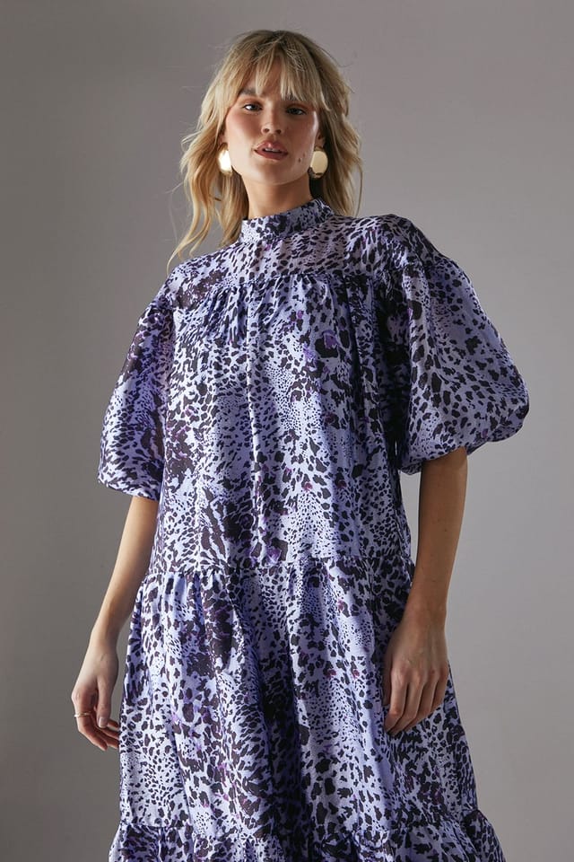 Warehouse Warehouse Women's Organza High Neck Tier Midi Smock Dress in Animal - 2