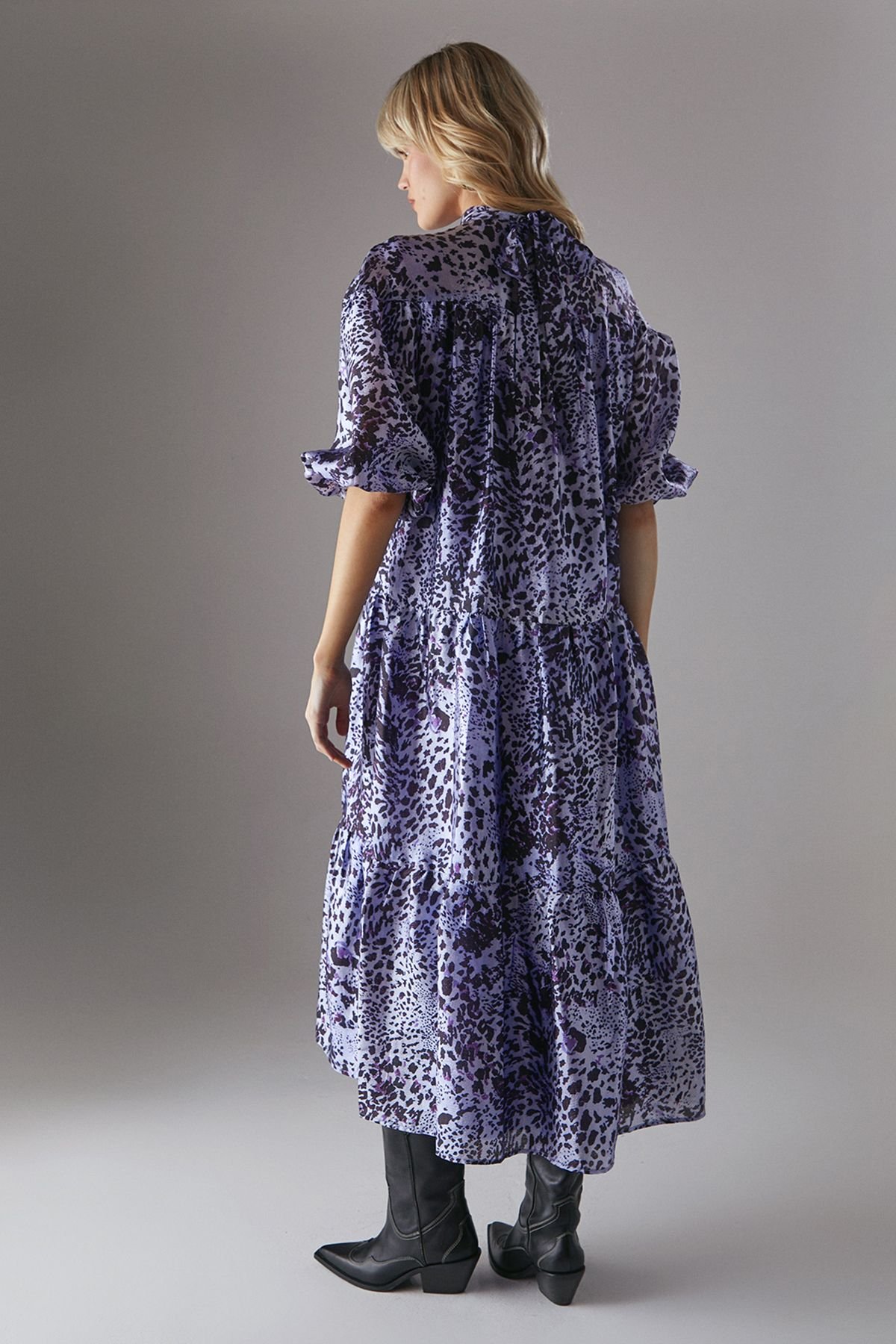 Warehouse Warehouse Women's Organza High Neck Tier Midi Smock Dress in Animal - 3