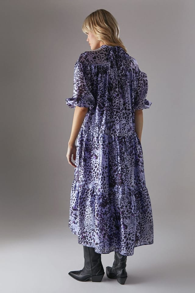 Warehouse Warehouse Women's Organza High Neck Tier Midi Smock Dress in Animal - 3