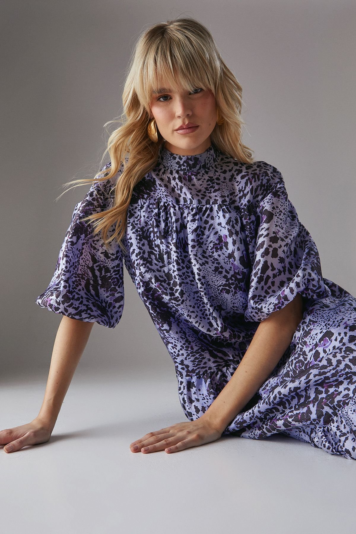 Warehouse Warehouse Women's Organza High Neck Tier Midi Smock Dress in Animal - 4