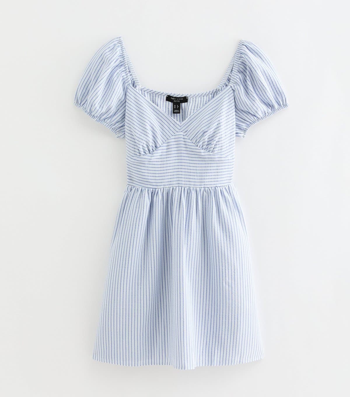 New Look Women's Petite Blue With Cotton Striped Puff Sleeve Mini Dress New Look