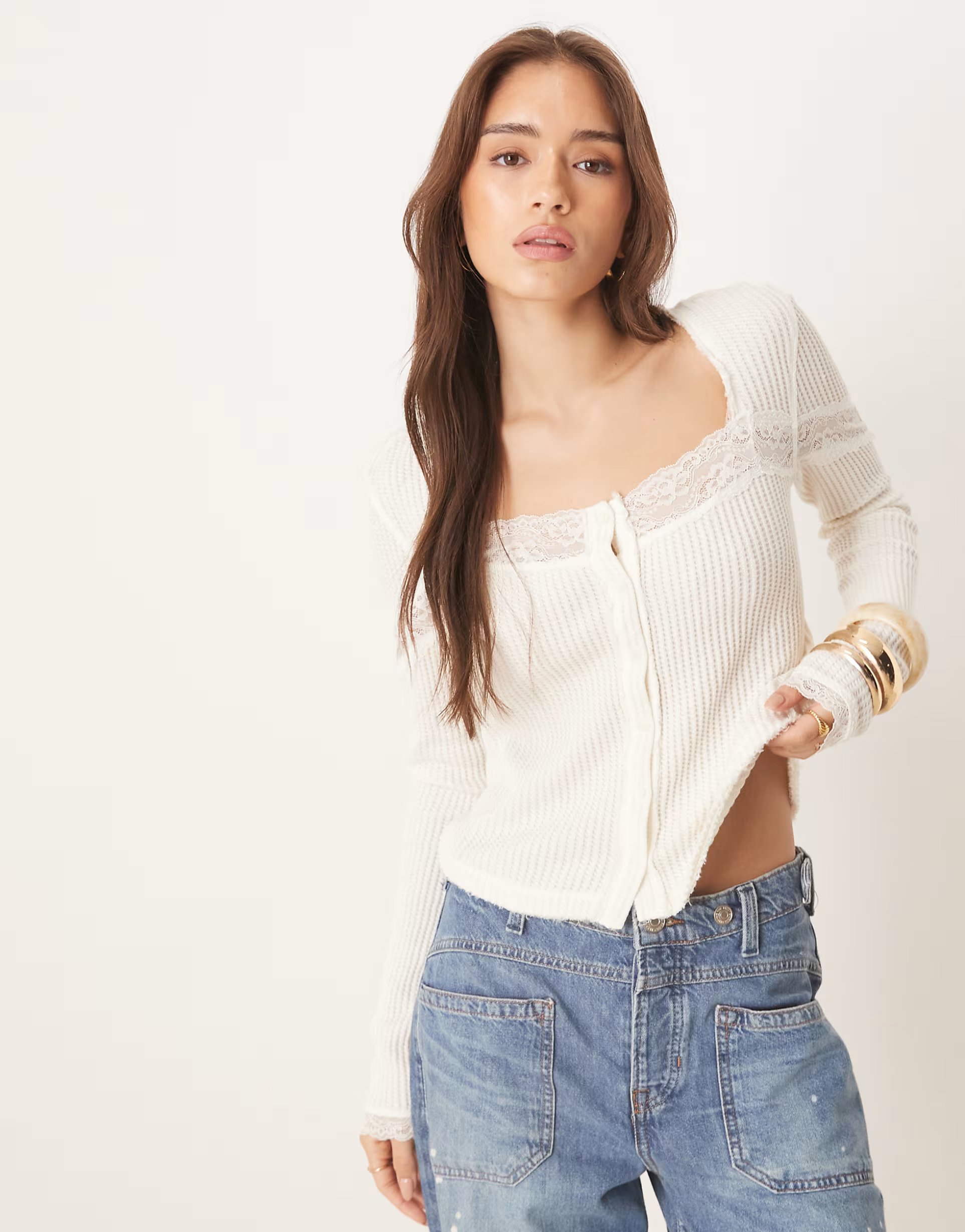 ASOS Free People lets party lace insert cardigan in ivory - 1