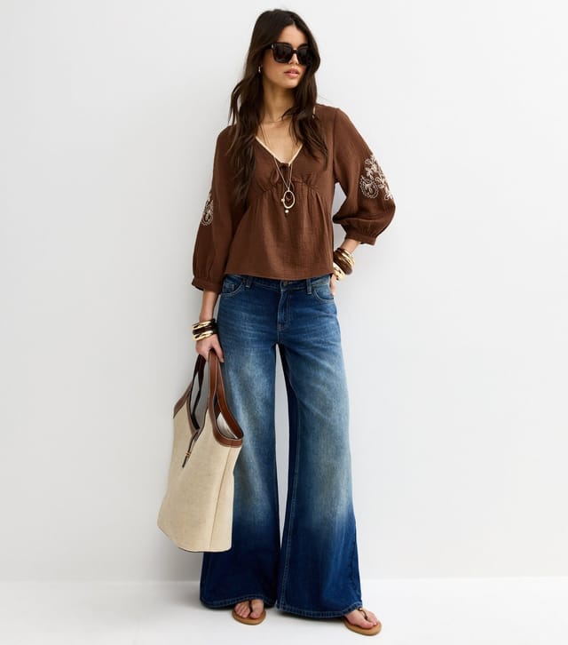 New Look Women's Dark Brown Embroidered Sleeve Tea Blouse New Look - 2