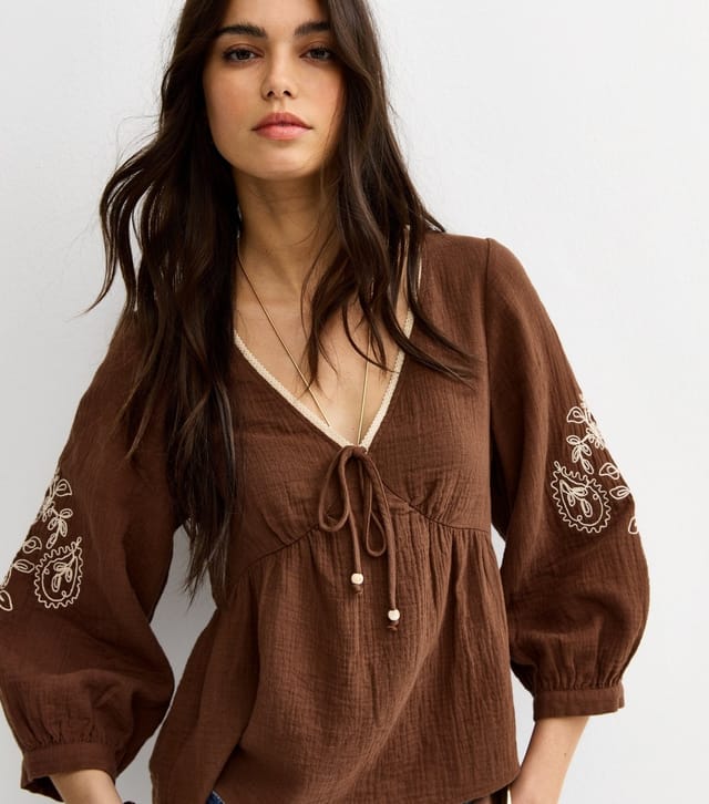 New Look Women's Dark Brown Embroidered Sleeve Tea Blouse New Look - 3