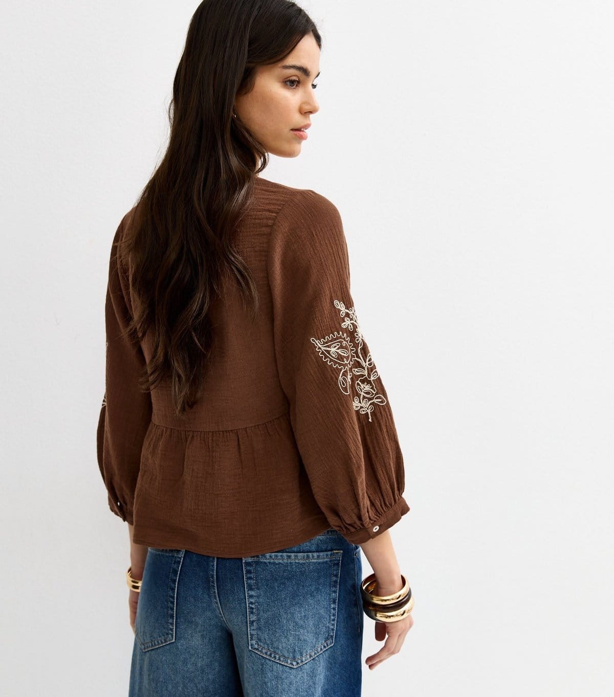 New Look Women's Dark Brown Embroidered Sleeve Tea Blouse New Look - 4