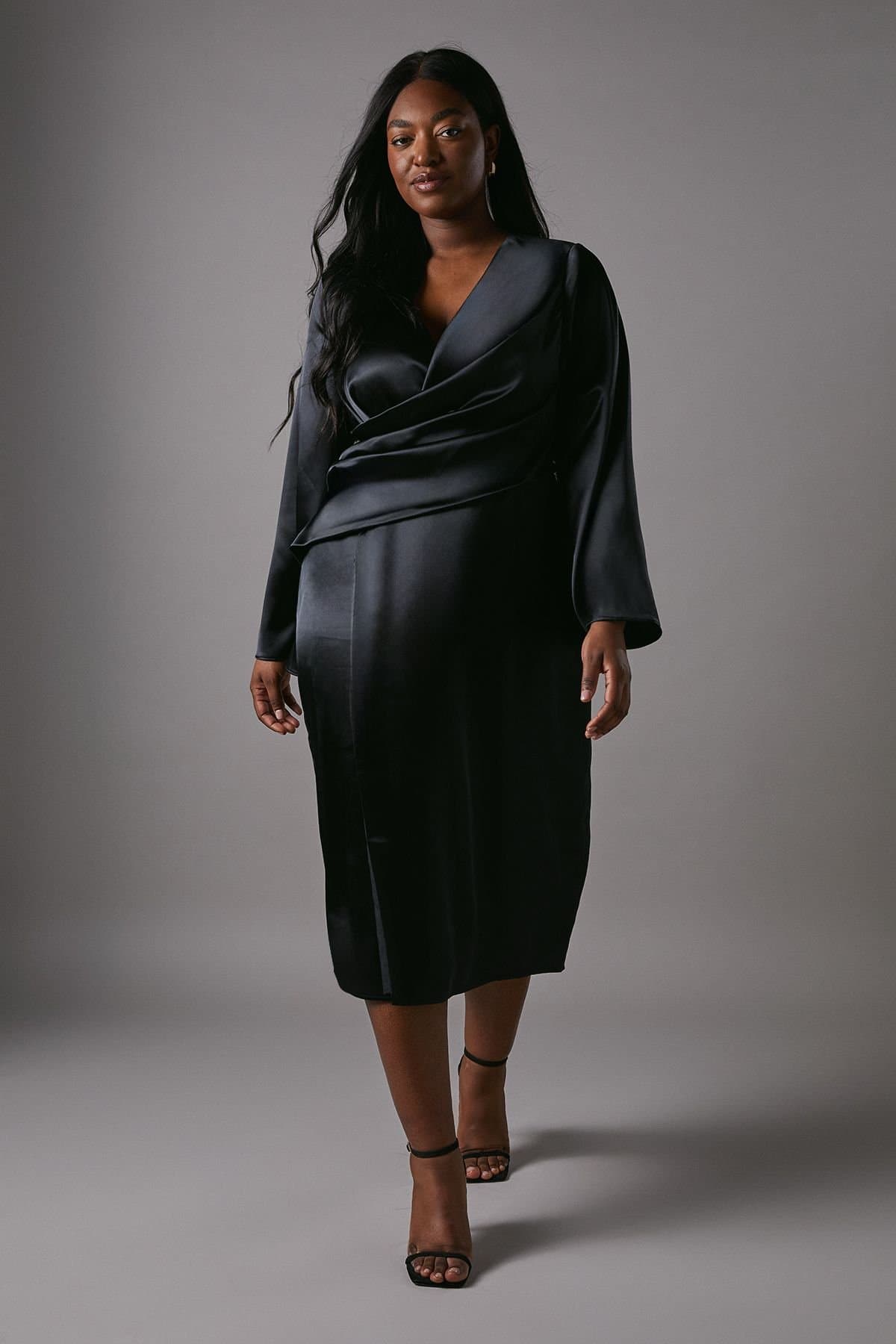 Coast Coast Women's Plus Satin Wrap Front Dress With Flare Sleeve in Black