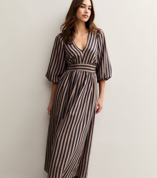 New Look Women's Brown Striped V-Neck Puff Sleeve Midi Dress New Look - 2