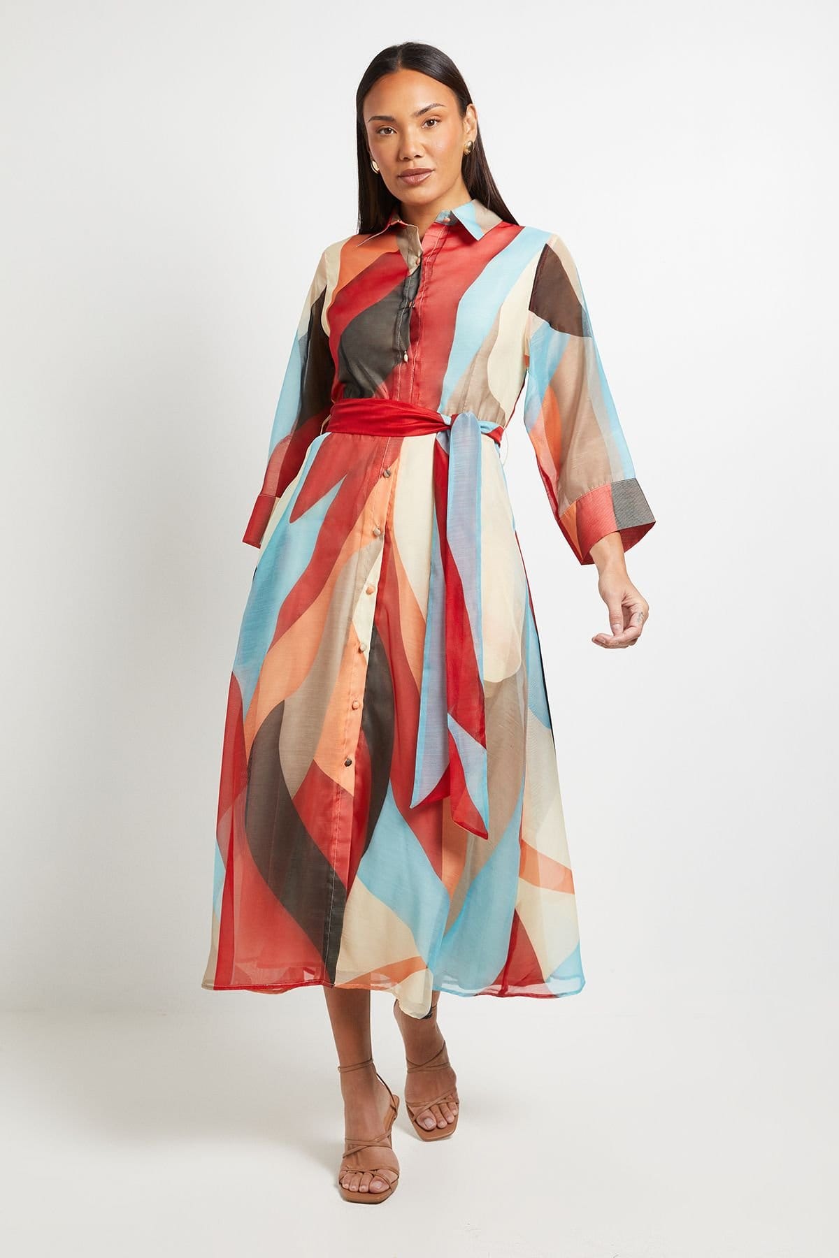 Principles Multicolor Abstract Print Belted Collared Shirt Dress