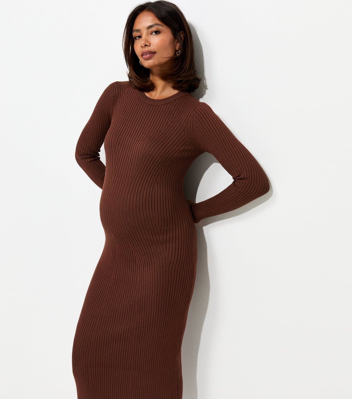 New Look Women's Maternity Brown Lightweight Ribbed Knit Midi Dress New Look