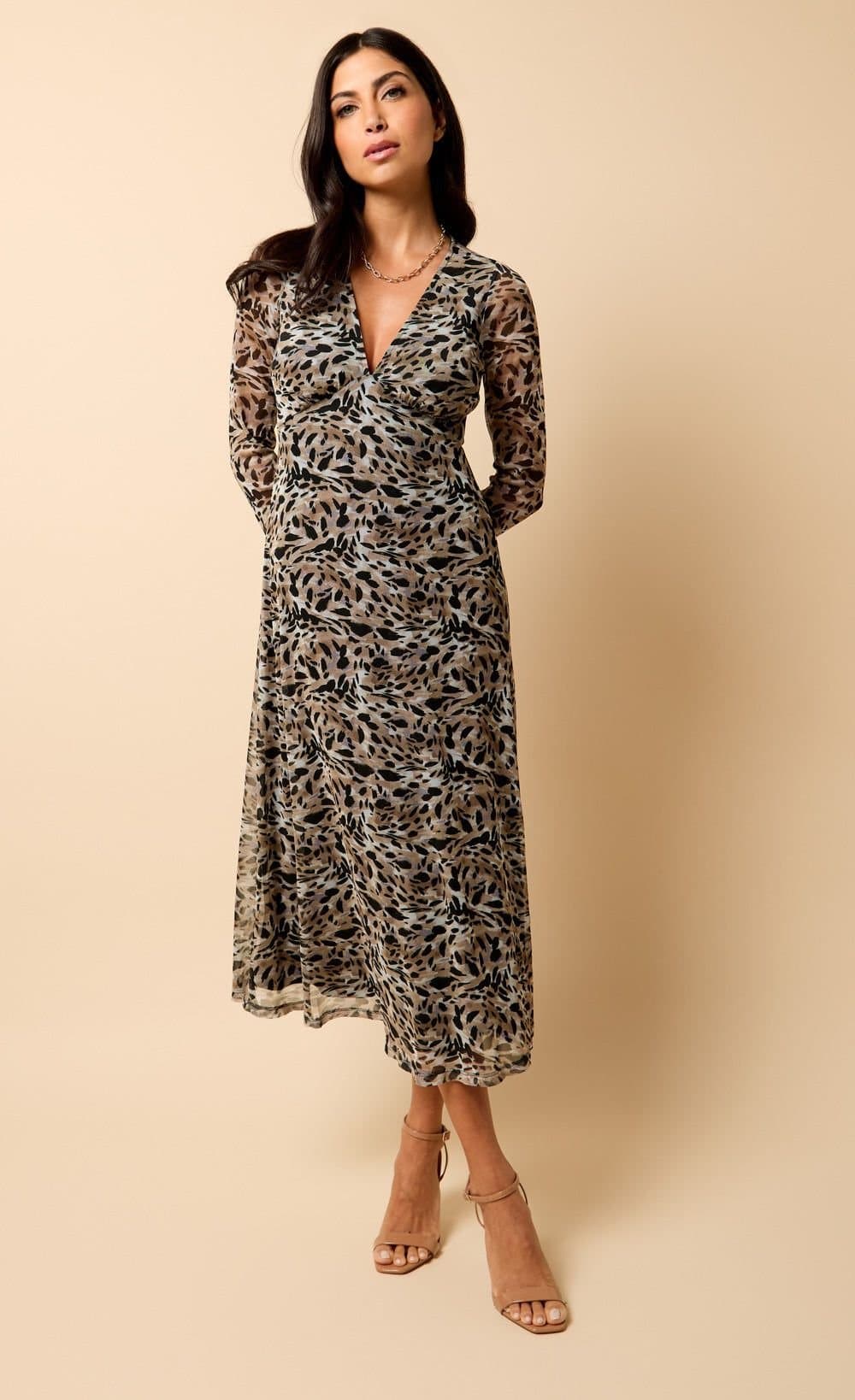 Little Mistress Little Mistress Women's Saffron & Amber Animal Print Mesh Midi Dress in Brown