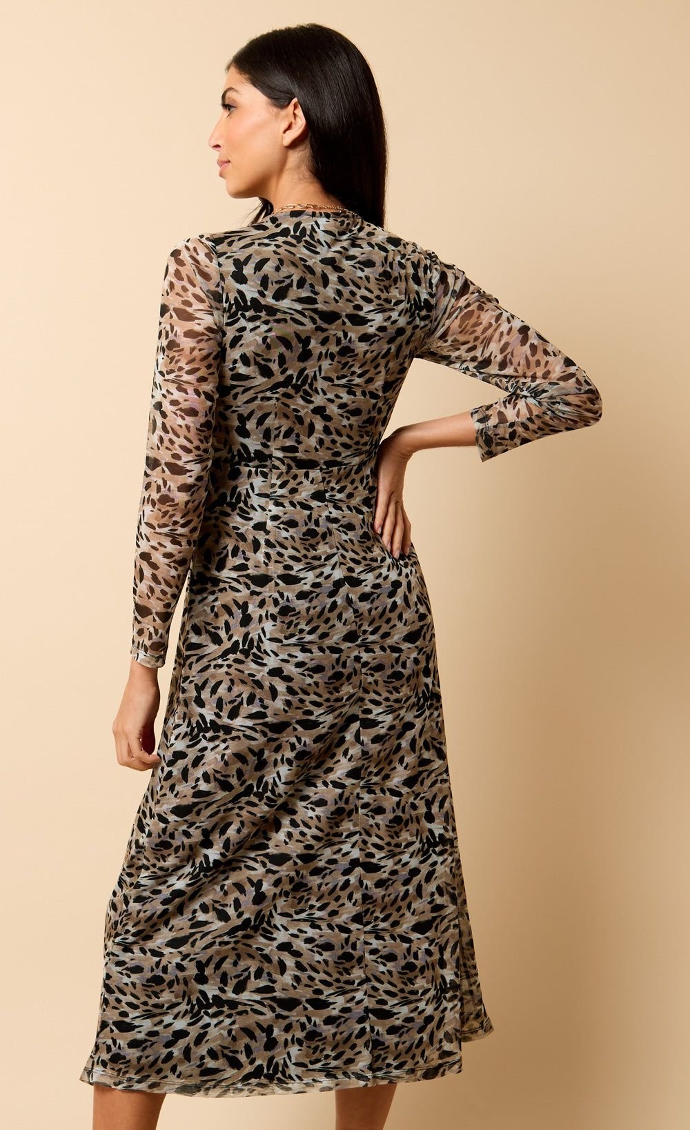 Little Mistress Little Mistress Women's Saffron & Amber Animal Print Mesh Midi Dress in Brown - 3