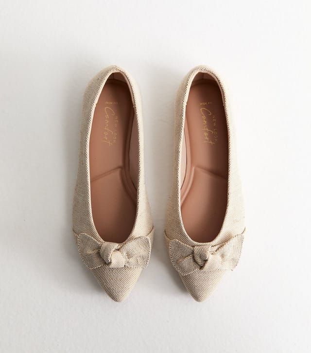 New Look Women's Wide Fit Off White Bow Applique Pointed Ballerina Flats Vegan New Look - 2