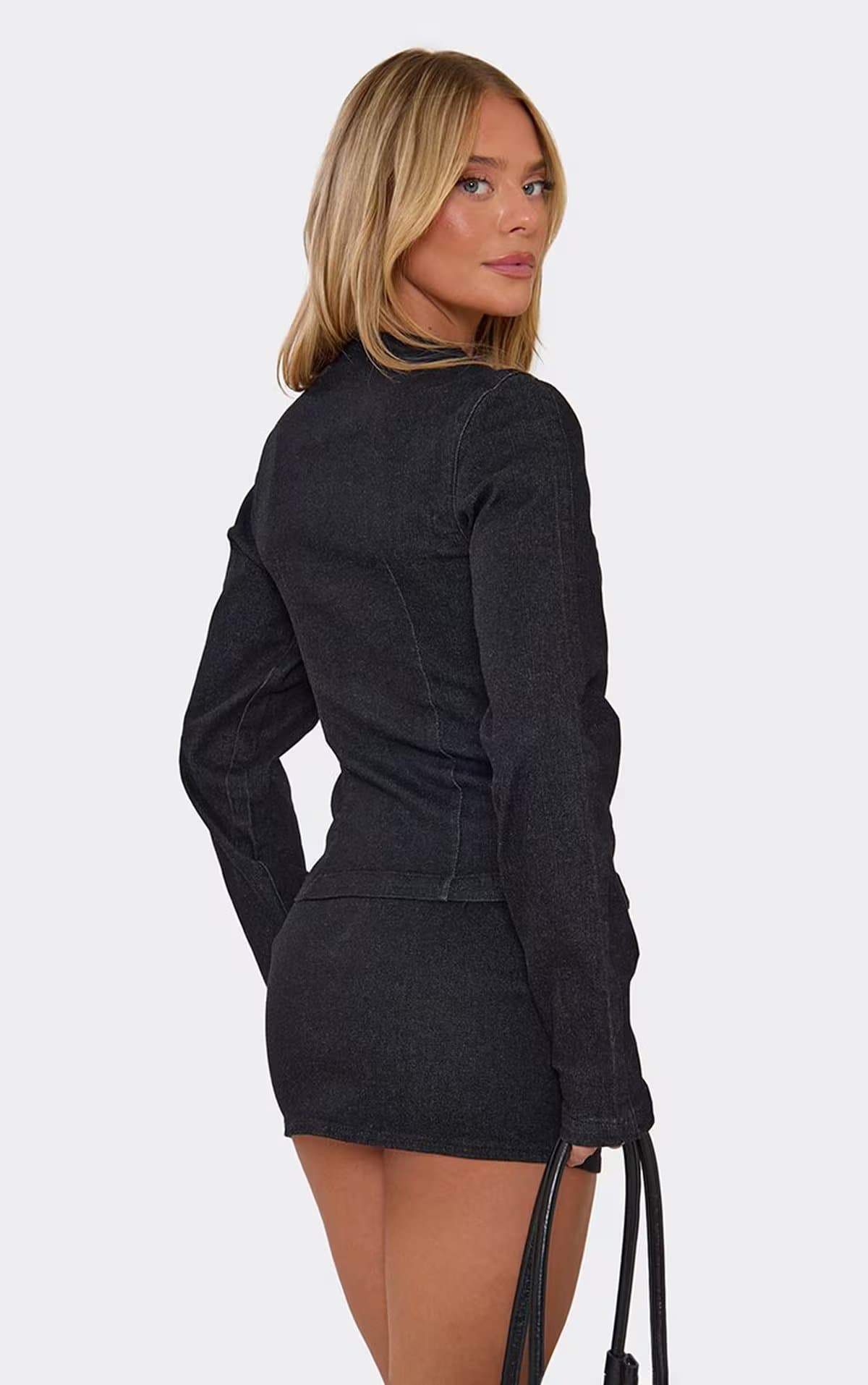 EGO Long Sleeve Hook And Eye Front Fitted Top In Black Denim, Women's Size UK 6