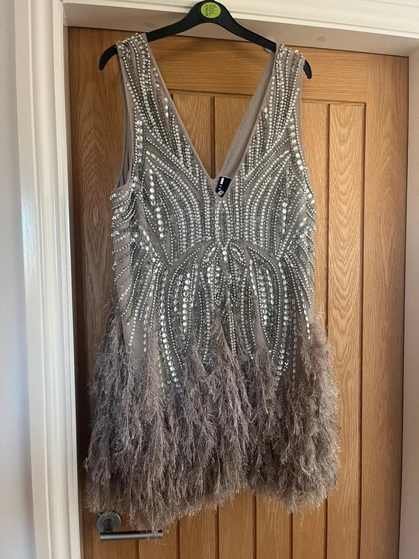 ASOS asos design party embellished sequin silver cruise prom dress feathers 14 - 1