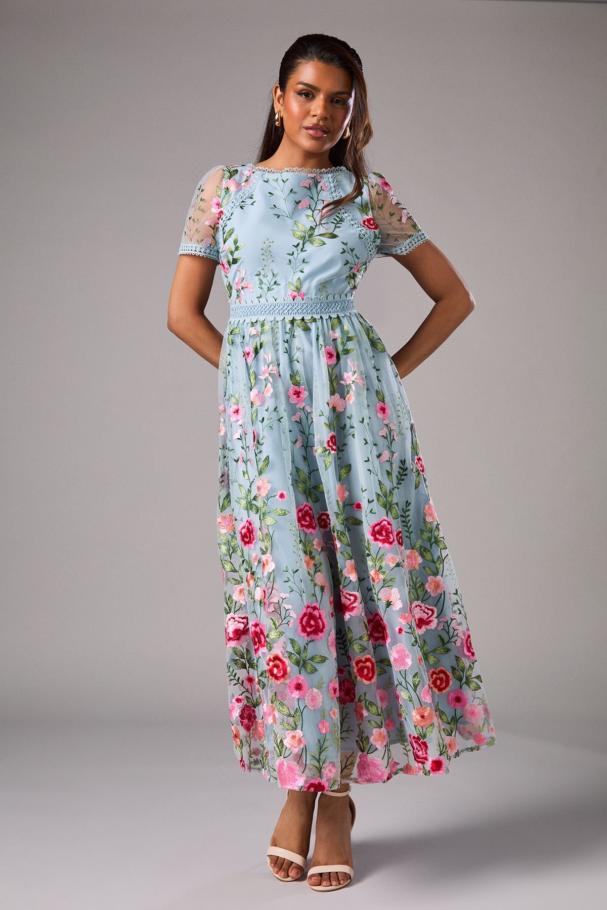 Coast Coast Women's Petite Embroidered Mesh Midi Dress With Lace Trim in Blue - 2