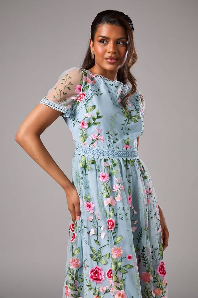 Coast Coast Women's Petite Embroidered Mesh Midi Dress With Lace Trim in Blue - 2