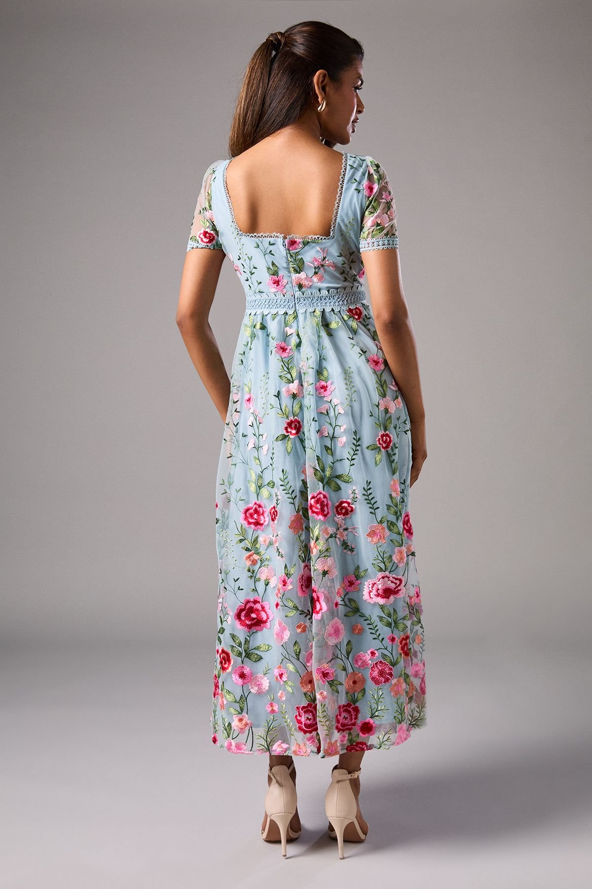 Coast Coast Women's Petite Embroidered Mesh Midi Dress With Lace Trim in Blue - 3