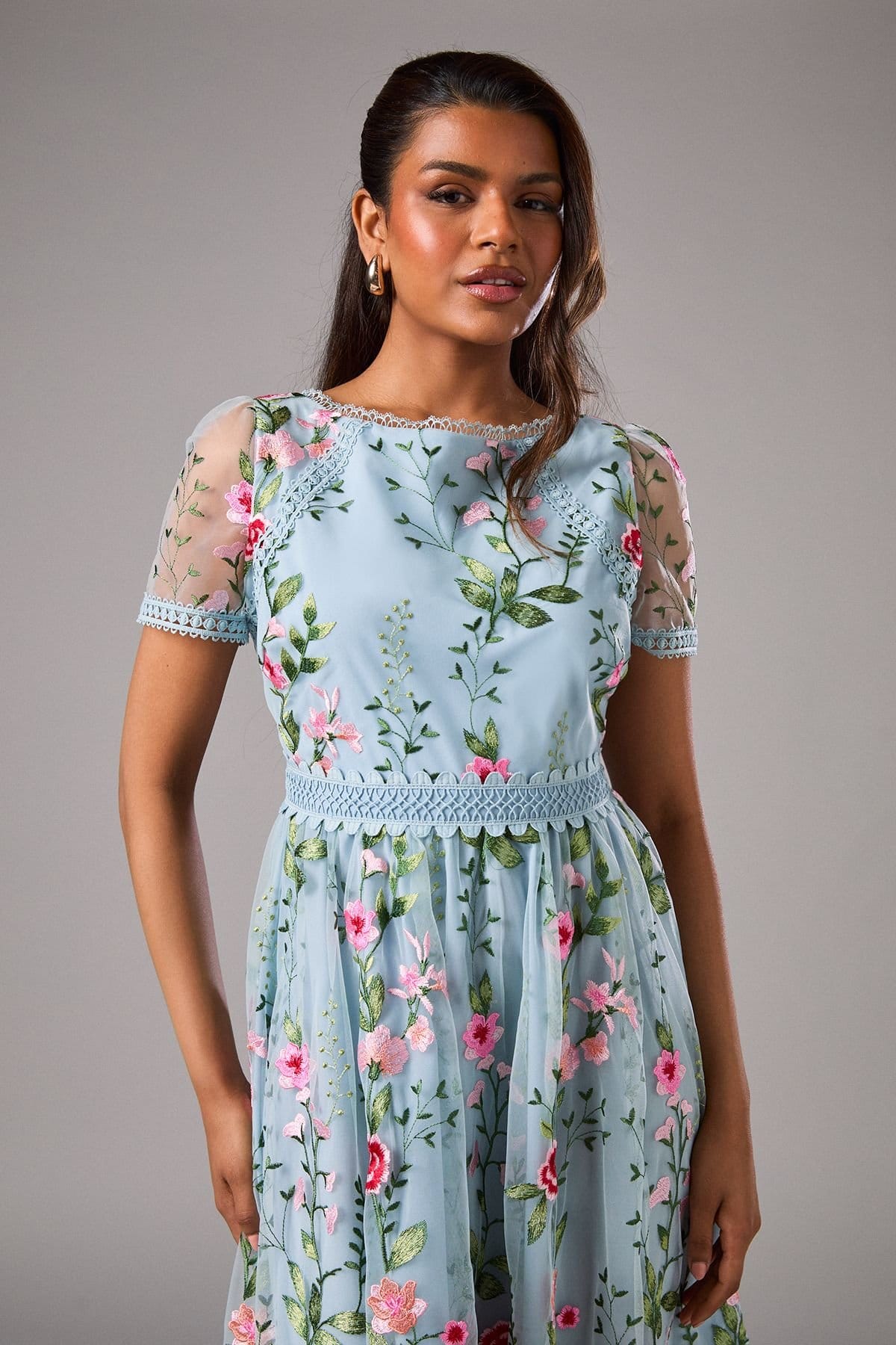 Coast Coast Women's Petite Embroidered Mesh Midi Dress With Lace Trim in Blue - 4