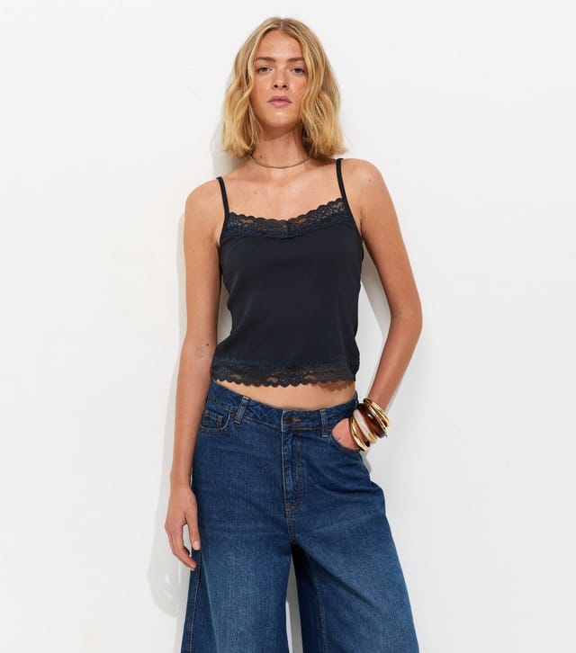 New Look Women's Navy Cotton Rich Lace Trim Cami Top New Look - 2