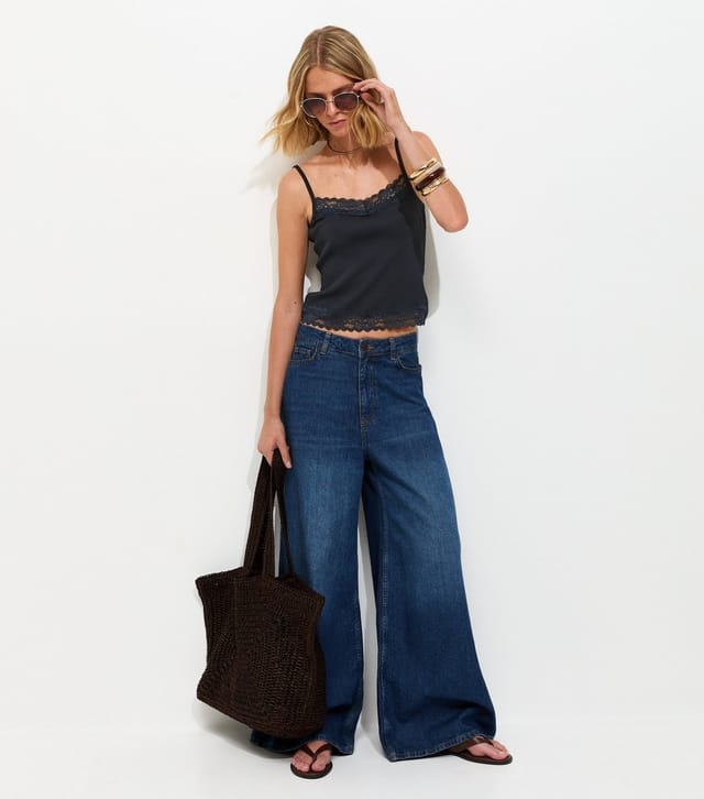 New Look Women's Navy Cotton Rich Lace Trim Cami Top New Look - 3