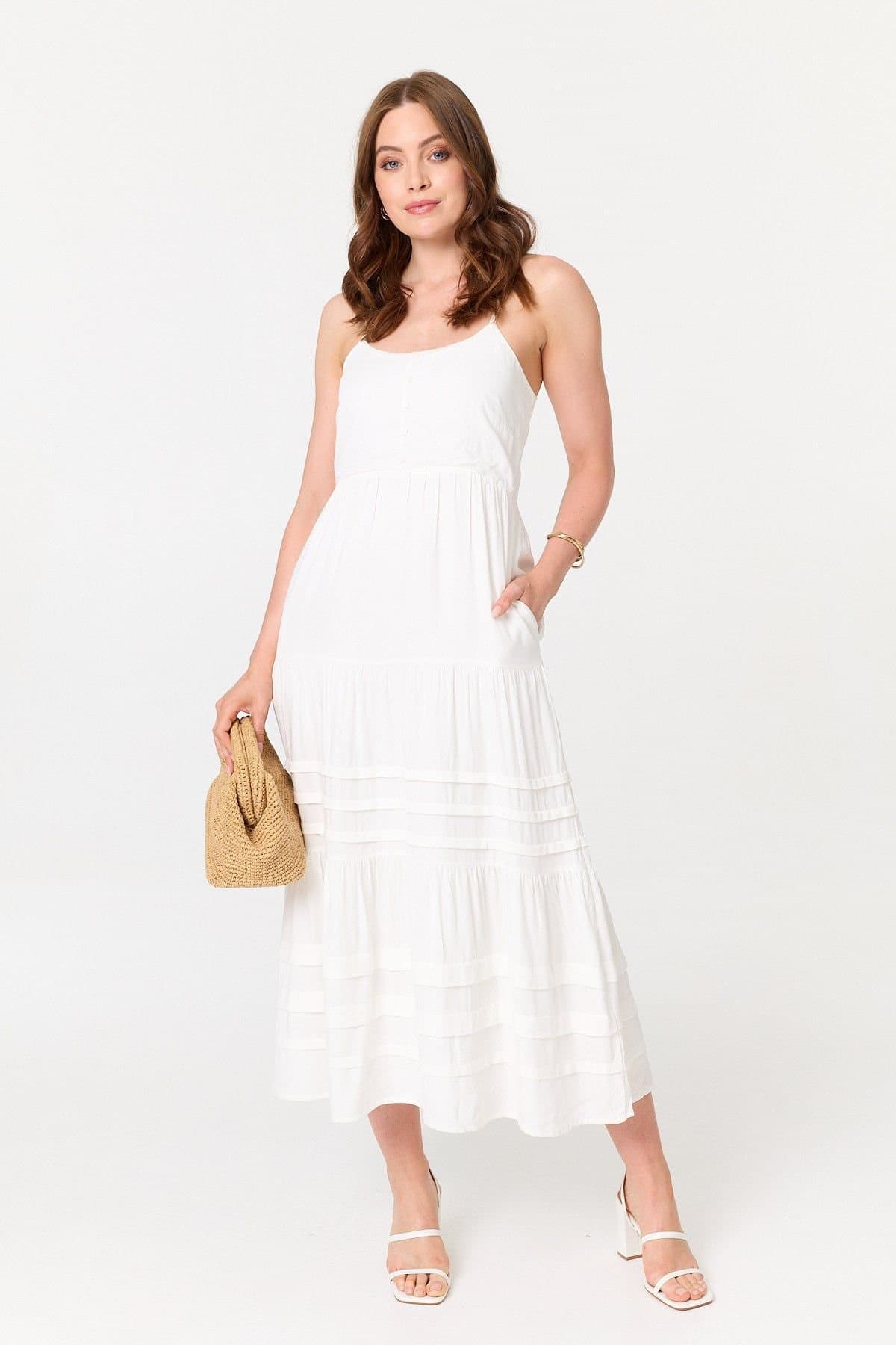 Izabel London Izabel London Women's Cami Strap Tiered Midi Dress in White