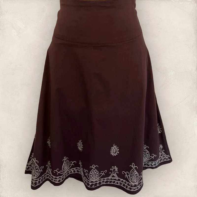 E-vie E-vie Vintage Brown Cotton Silver Embroidered A-Line Skirt, Ethnic Gypsy UK 10