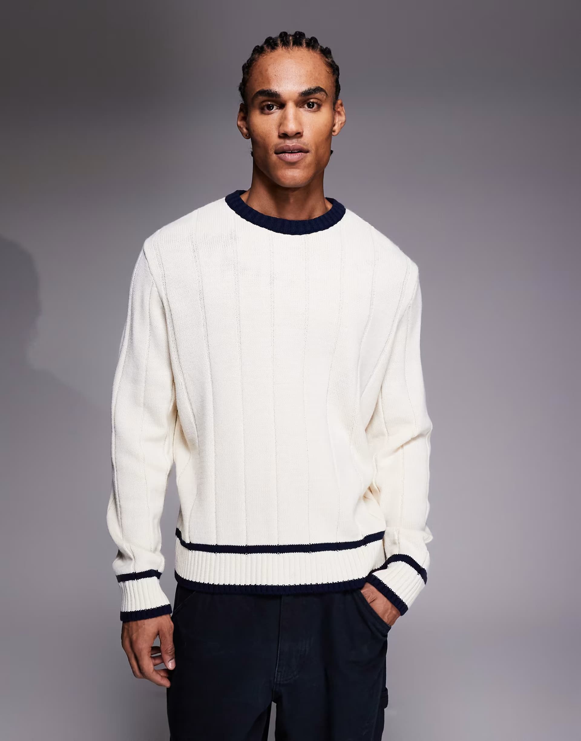 ASOS ASOS DESIGN oversized knitted wide ribbed with navy tipping jumper in Ecru