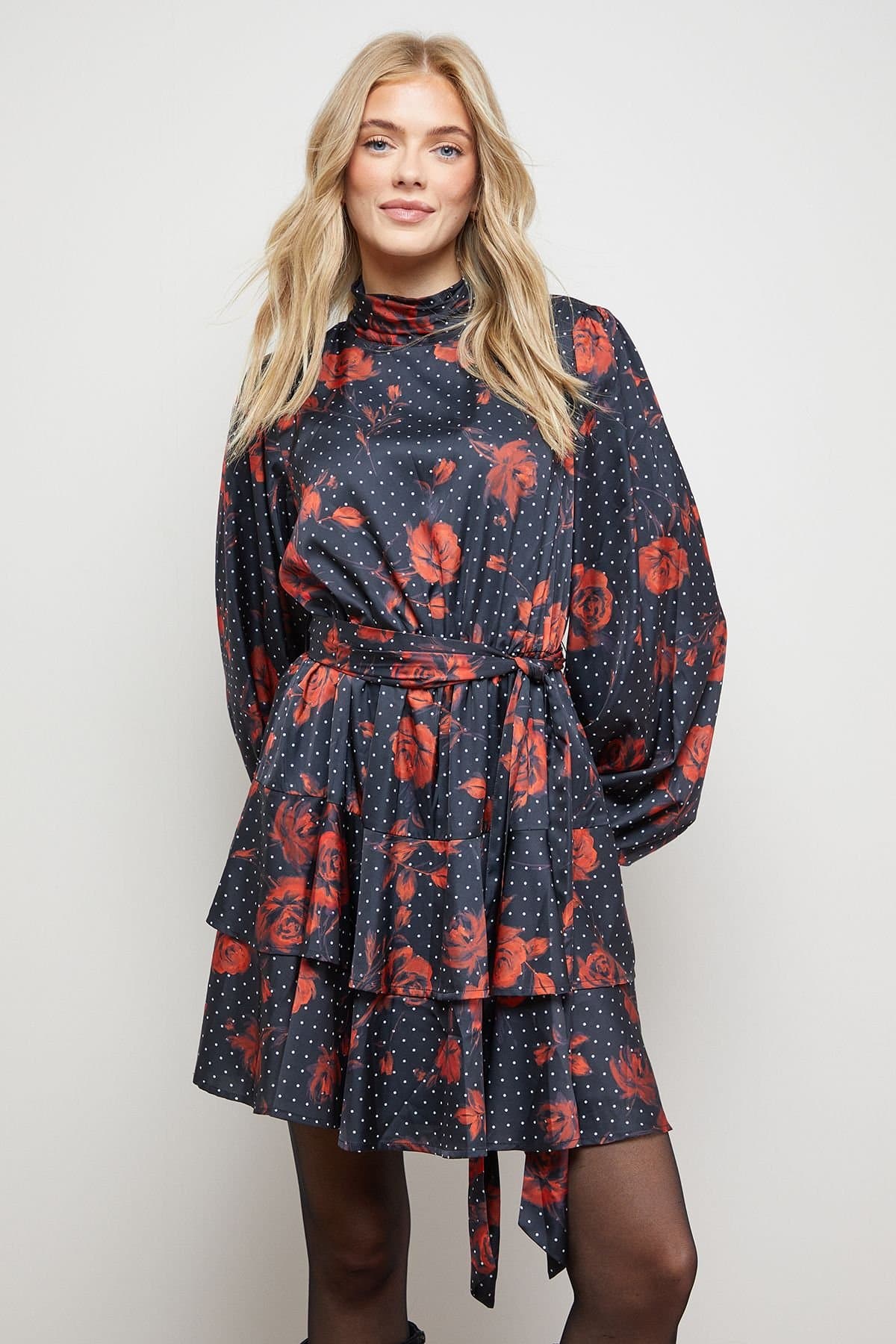Oasis Oasis Women's High Neck Printed Long Sleeve Mini Dress With Belt in Floral