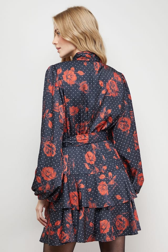 Oasis Oasis Women's High Neck Printed Long Sleeve Mini Dress With Belt in Floral - 3