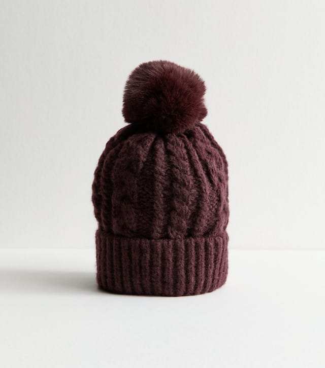 New Look Dark Burgundy Cable Knit Faux Fur Pom Pom Bobble Hat New Look - 2