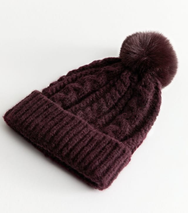 New Look Dark Burgundy Cable Knit Faux Fur Pom Pom Bobble Hat New Look - 3