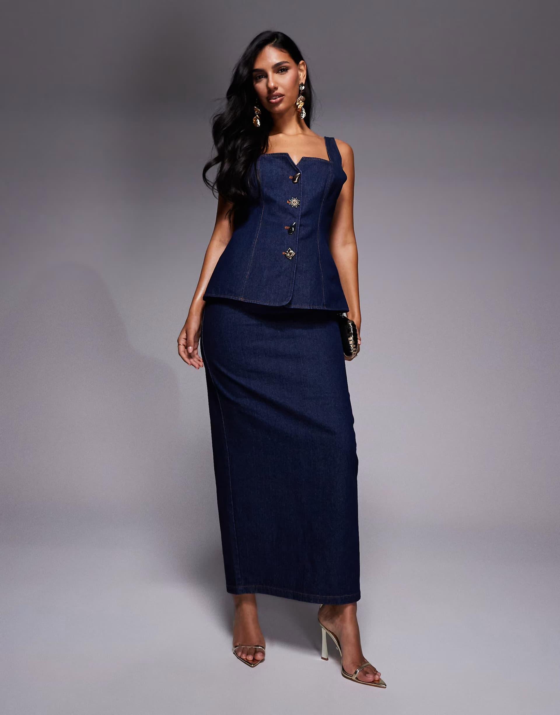 ASOS ASOS LUXE co-ord denim maxi skirt and waistcoat in indigo