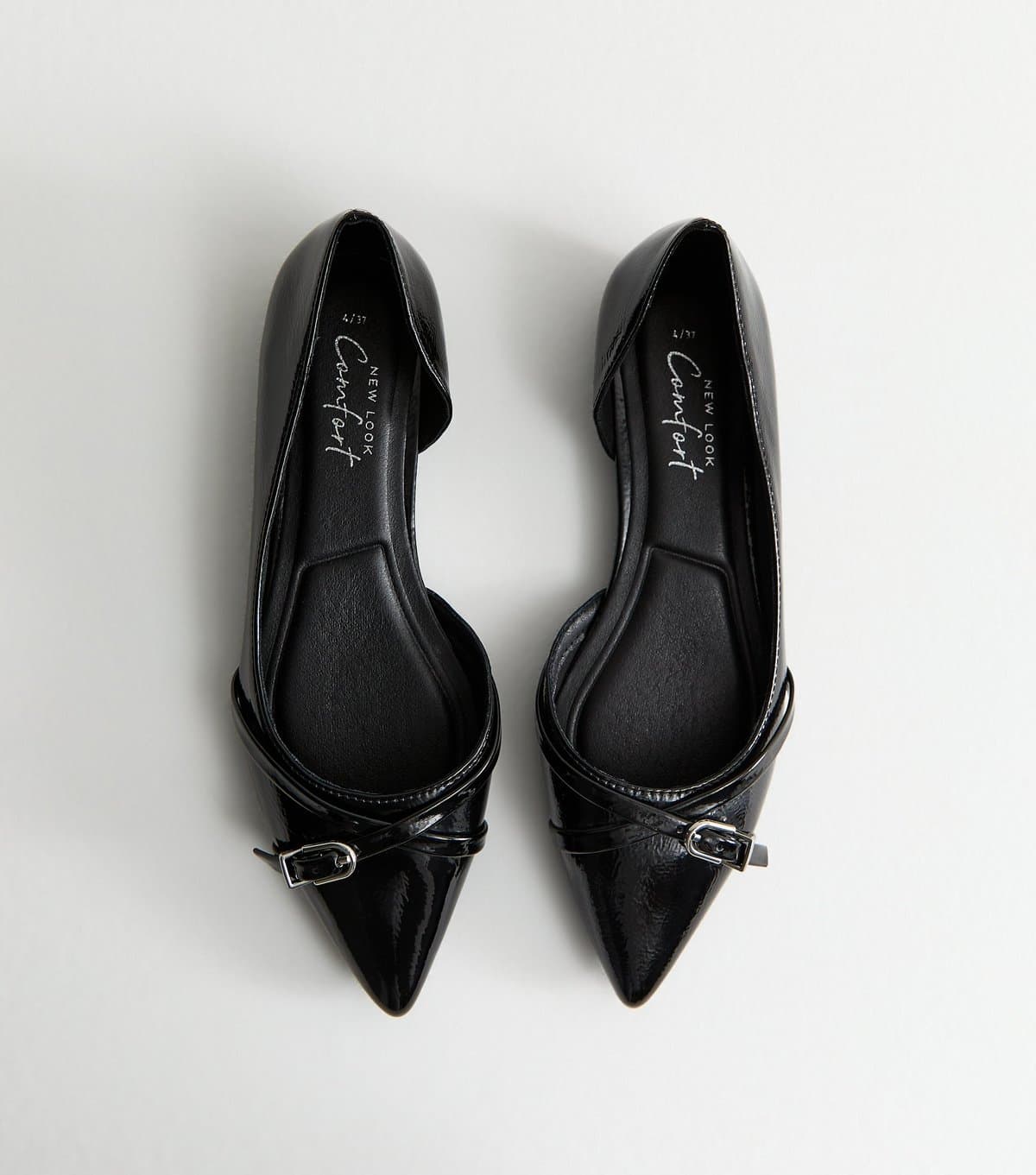 New Look Women's Black Patent Faux Leather D'Orsay Buckle Detail Flats New Look