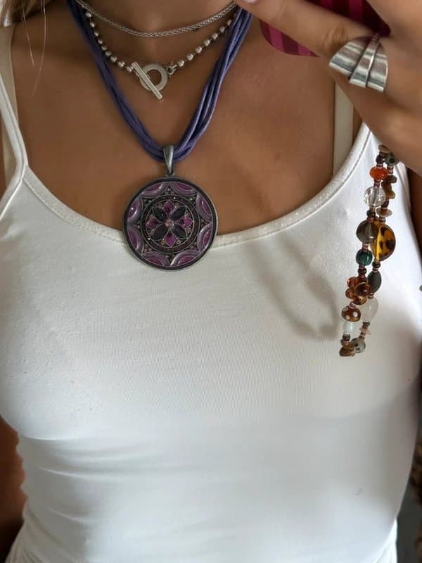 Vintage Dressing Y2k purple dimante bling chunky large pendant necklace