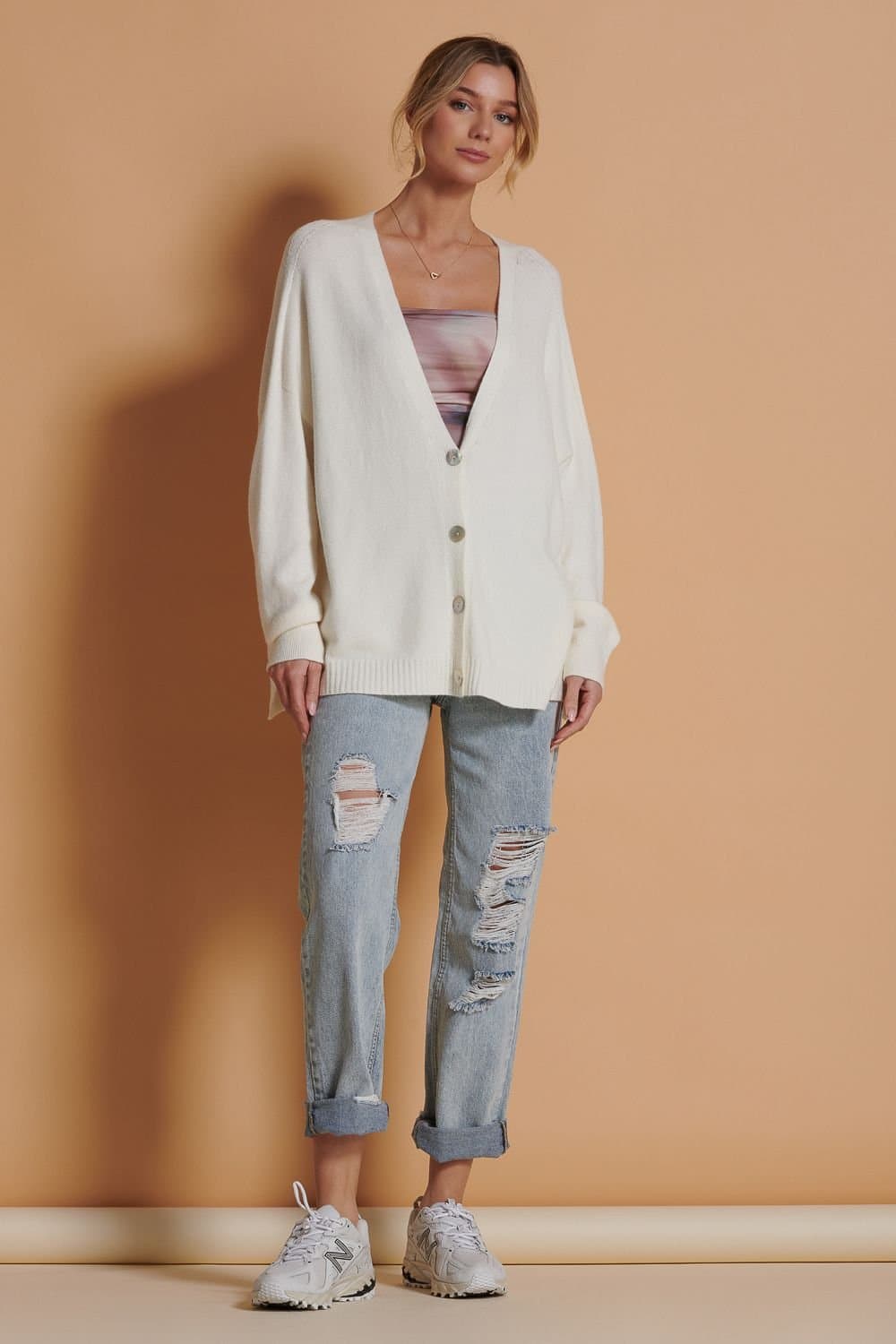 Jolie Moi Jolie Moi Women's Soft Knit Shell Button Cardigan in Off-White