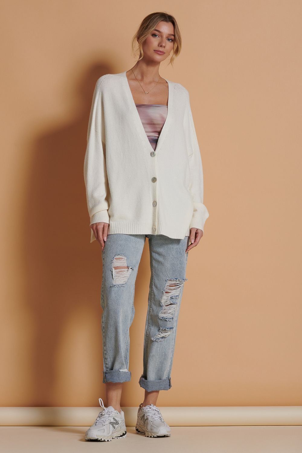 Jolie Moi Jolie Moi Women's Soft Knit Shell Button Cardigan in Off-White - 2