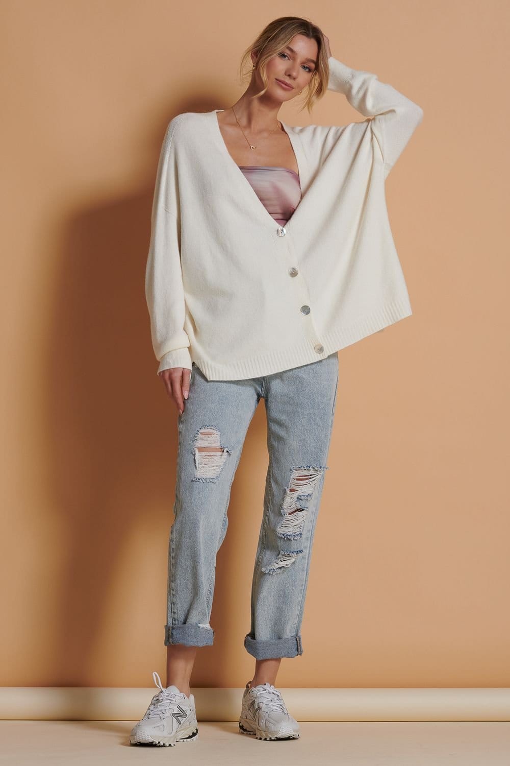 Jolie Moi Jolie Moi Women's Soft Knit Shell Button Cardigan in Off-White - 4