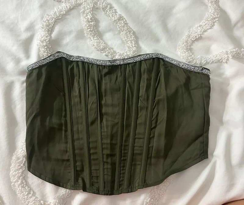 PrettyLittleThing Khaki Green Strapless Diamanté Trim embellished Corset Top