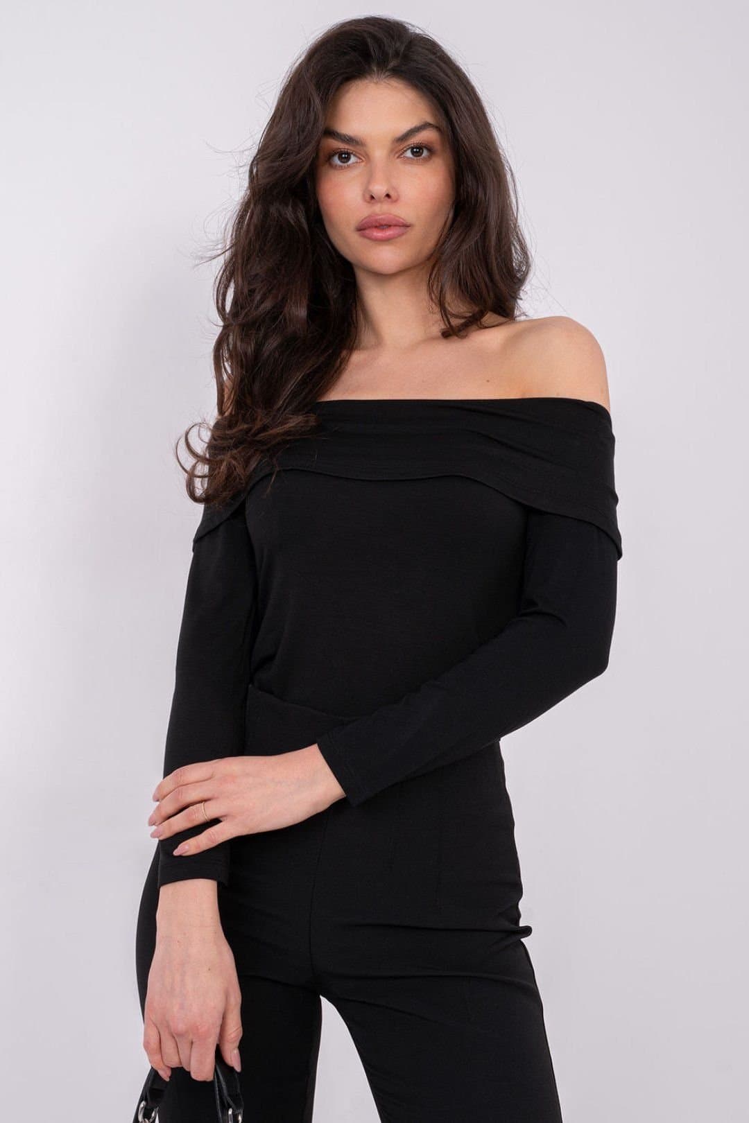 Love Lace Love Lace Women's Fitted Off-Shoulder Viscose Long Sleeve Blouse in Black
