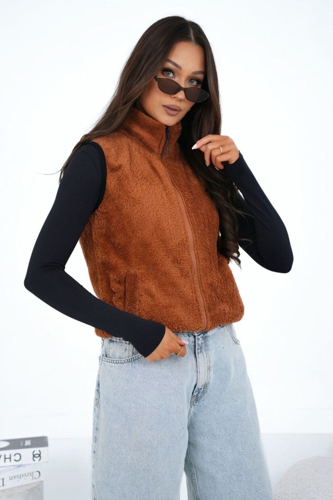 Love Lace Brown Furry Zip Vest with Pockets