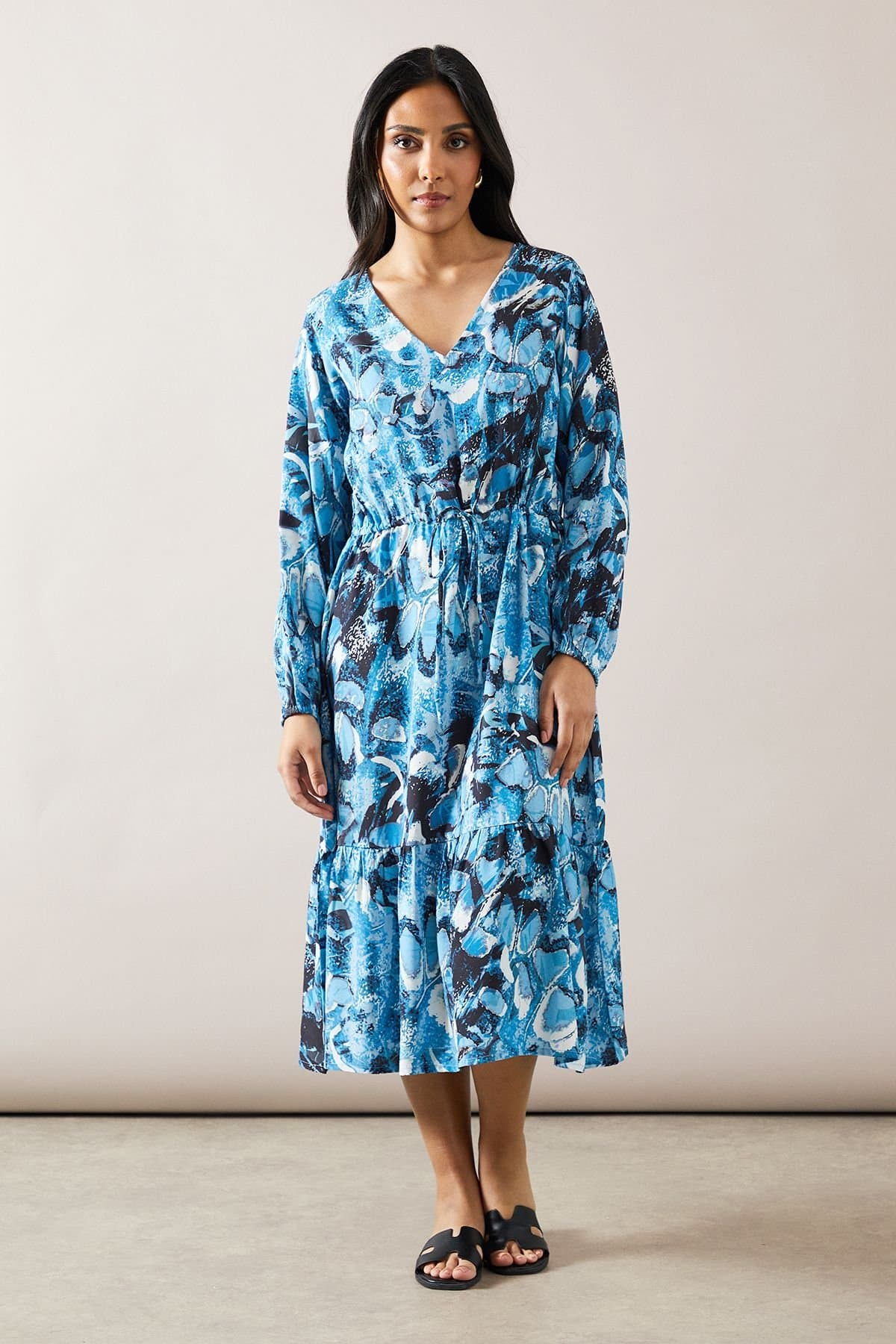 Wallis Wallis Women's Petite Blue Abstract Drawstring Viscose Midi Dress