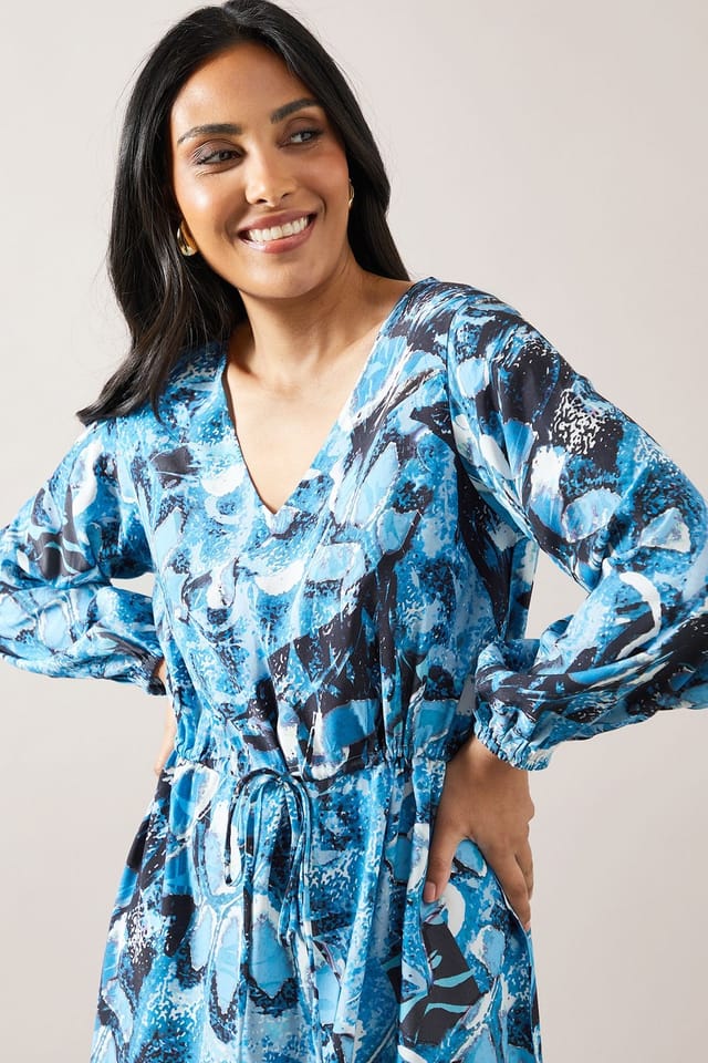 Wallis Wallis Women's Petite Blue Abstract Drawstring Viscose Midi Dress - 2