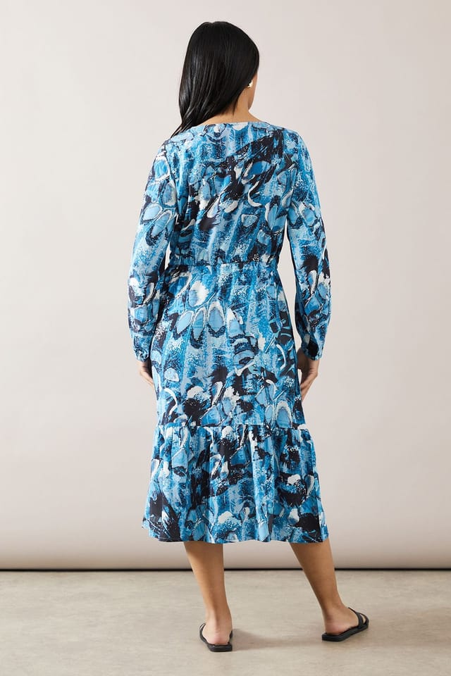 Wallis Wallis Women's Petite Blue Abstract Drawstring Viscose Midi Dress - 3