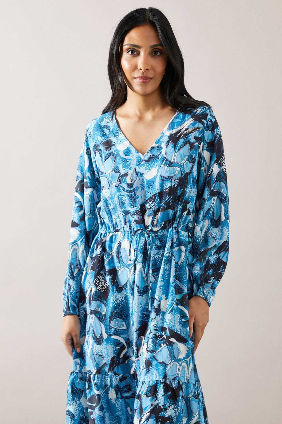 Wallis Wallis Women's Petite Blue Abstract Drawstring Viscose Midi Dress - 4