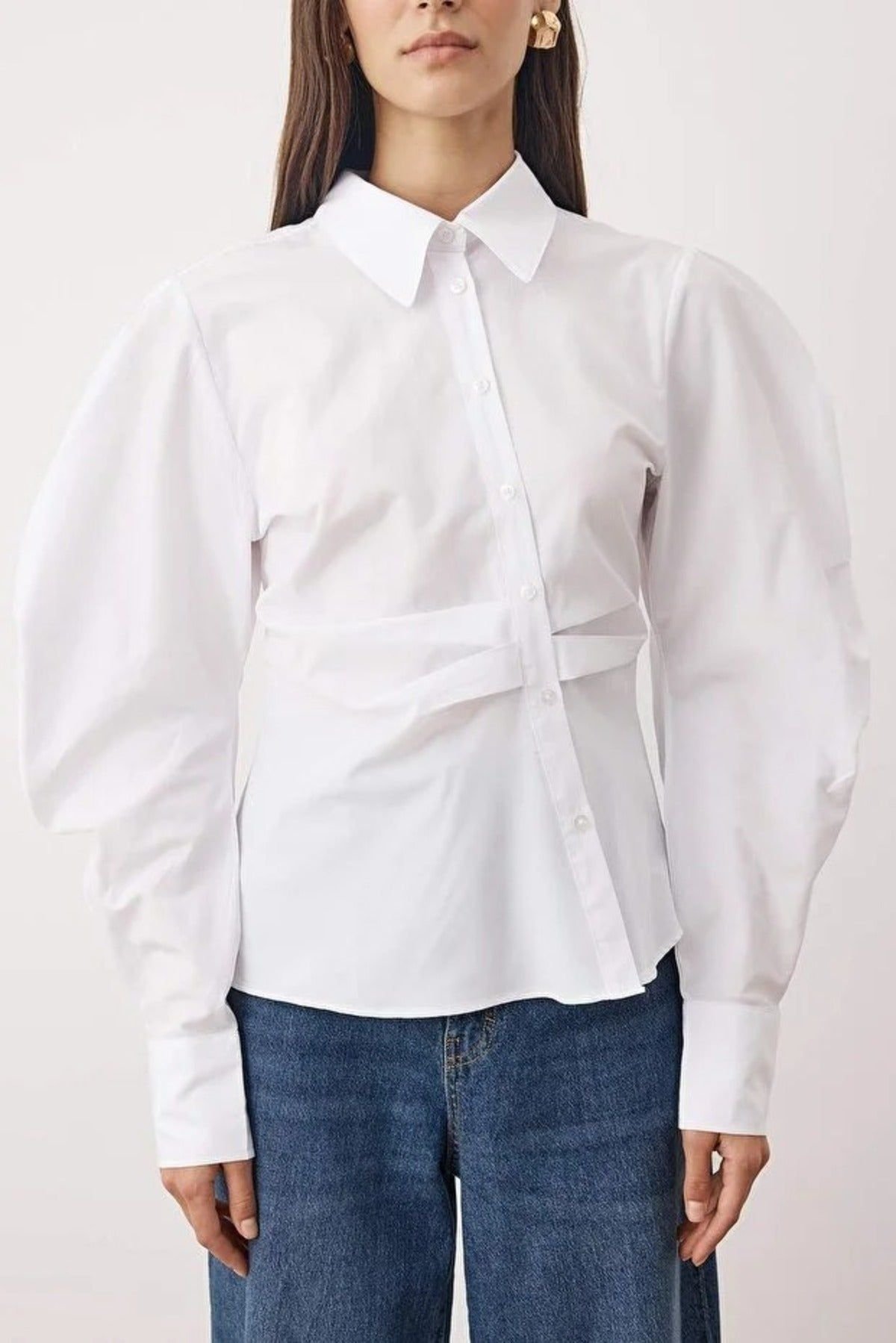 WOVCOR WOVCOR Women's Asymmetrical Shirt with Balloon Sleeve Detail in White - 2