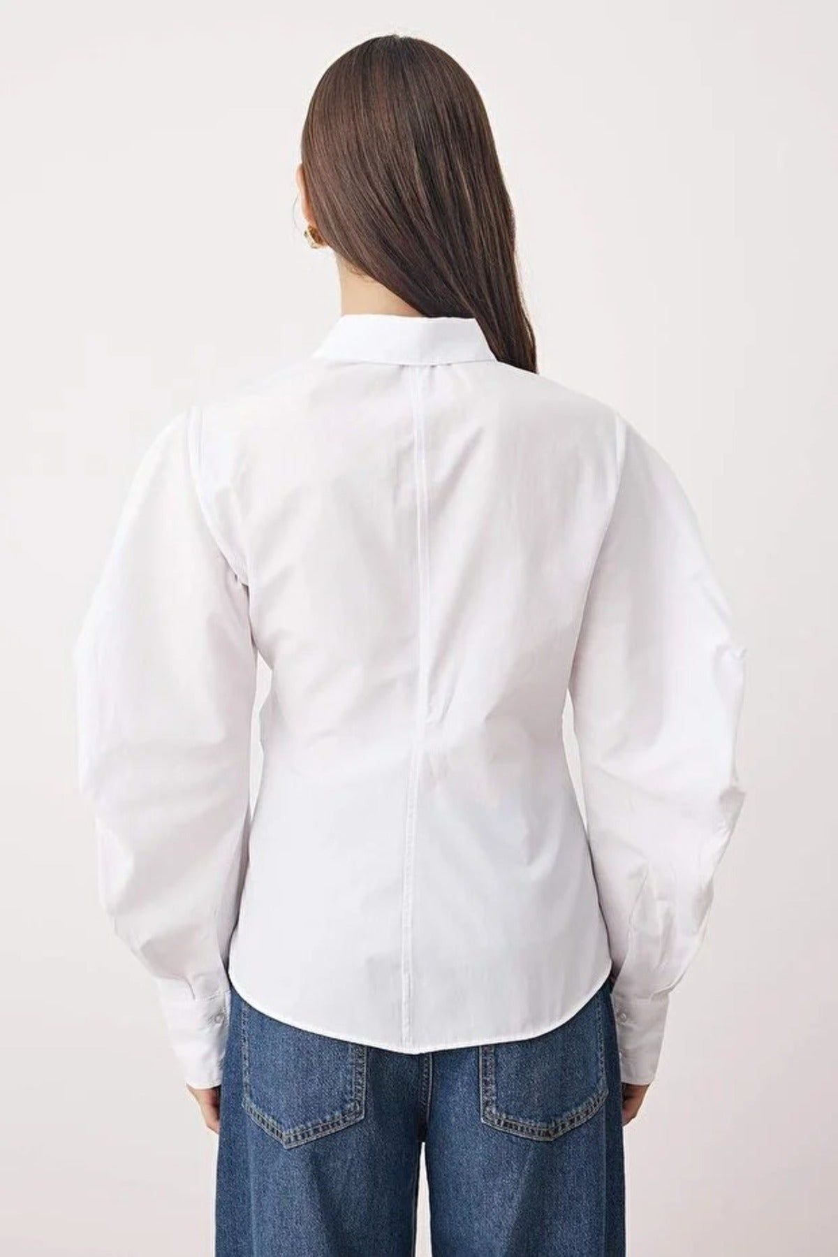 WOVCOR WOVCOR Women's Asymmetrical Shirt with Balloon Sleeve Detail in White - 3