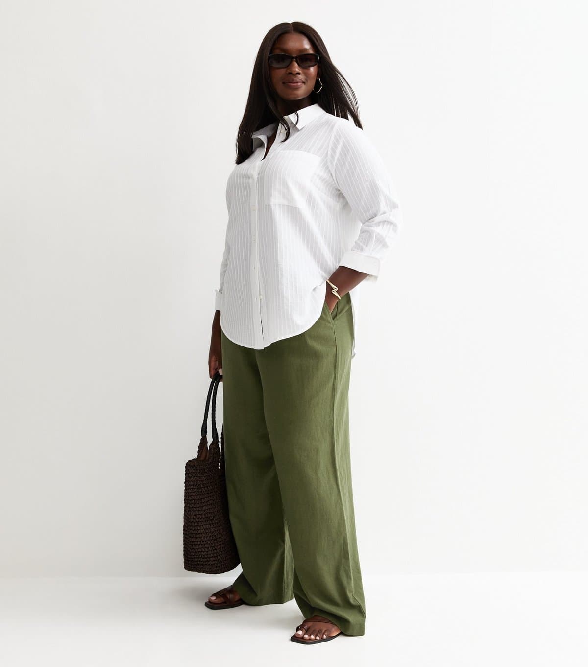 New Look Women's Plus Size Green Linen Blend Wide Leg Trouser Curves New Look